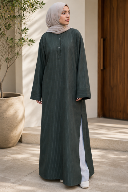 Bottle green pinstripe long shirt for women with wide sleeves and front button detail