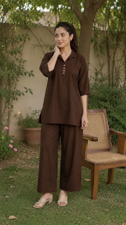 Mocha brown 2-piece co-ord set for women with collared shirt and wide-leg pants by Noor By Nureh