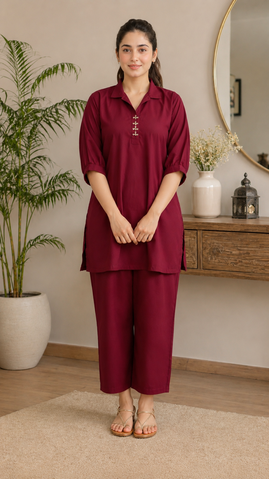 Maroon Premium 2 Piece Co-Ord Set for Women by Noor By Nureh