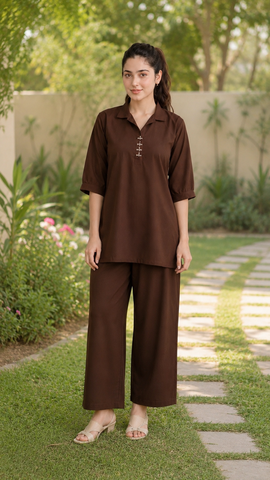 Mocha brown 2-piece co-ord set for women with collared shirt and wide-leg pants by Noor By Nureh