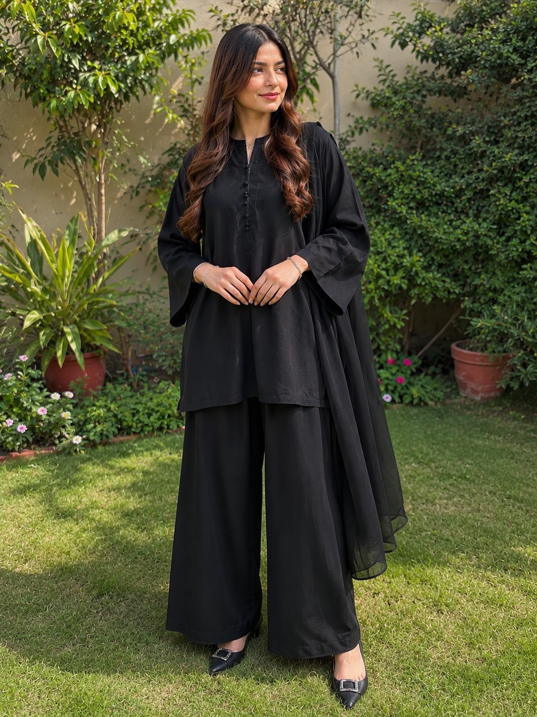 Classic Black Solid 3-Piece Suit with Wide-Leg Palazzo & Chiffon Dupatta