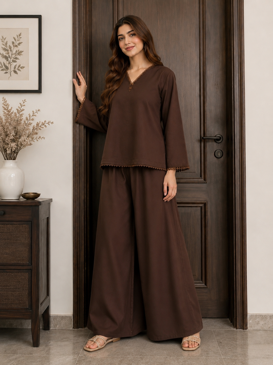 Lace neckline detailing on premium brown traditional kurti shirt