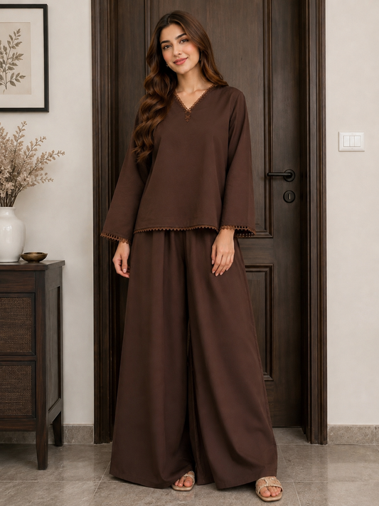 Chocolate brown solid 2 piece co ord set with wide leg trousers