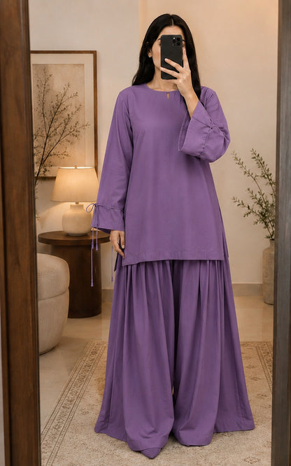 Lavender 2 piece co-ord set with back lace up dori kurti and flared gharara pants