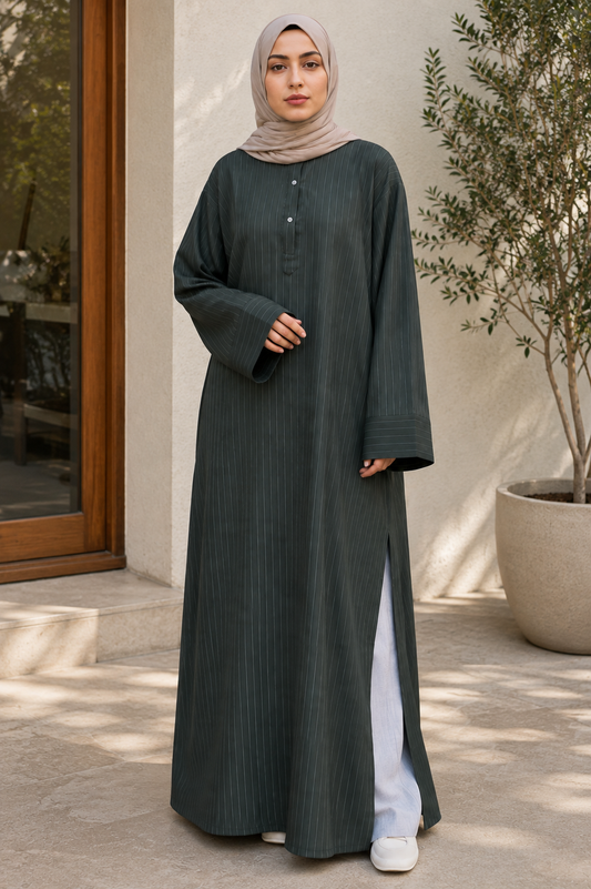Bottle green pinstripe long shirt for women with wide sleeves and front button detail