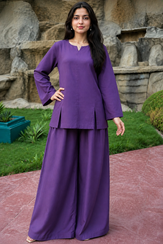 Elegant purple 2-piece co-ord set for women with short shirt and wide-leg trousers by Noor By Nureh