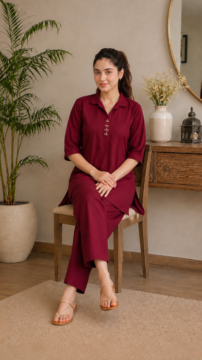 Maroon Premium 2 Piece Co-Ord Set for Women by Noor By Nureh