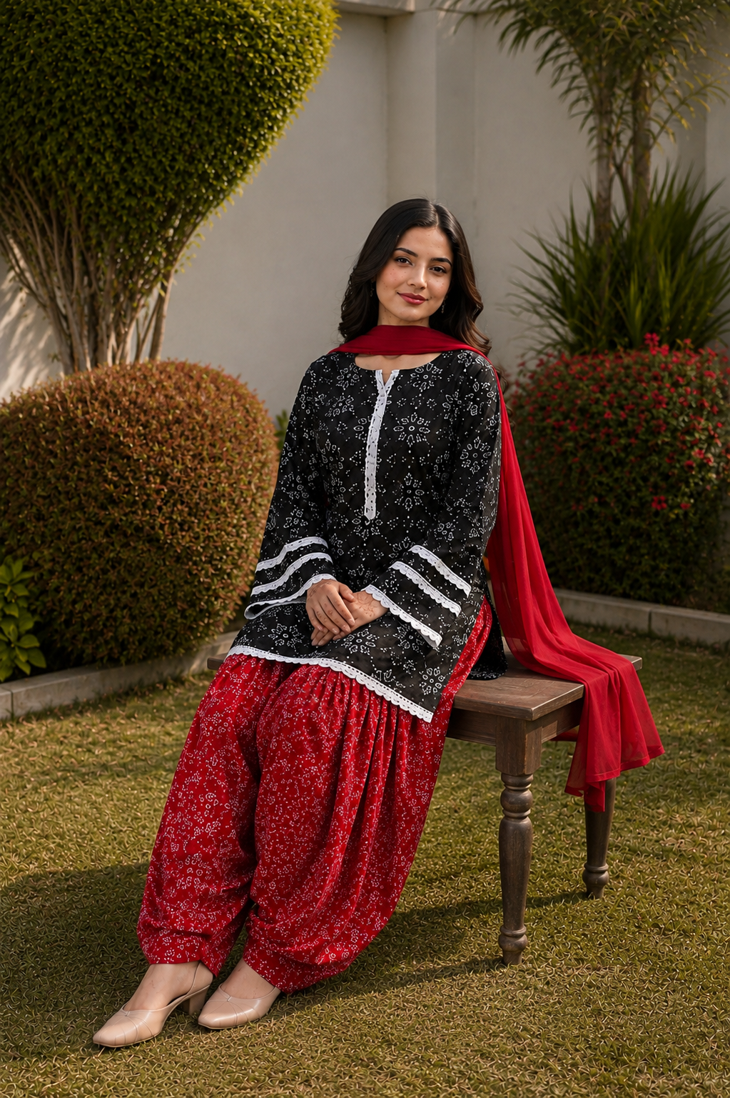 Black printed Pakistani shalwar suit with red traditional shalwar and chiffon dupatta for women by Noor by Nureh