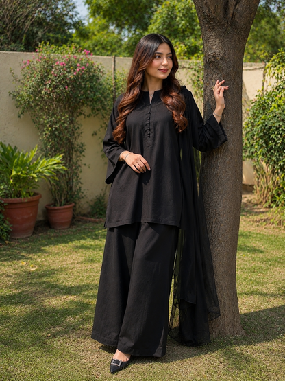 Classic Black Solid 3-Piece Suit with Wide-Leg Palazzo & Chiffon Dupatta