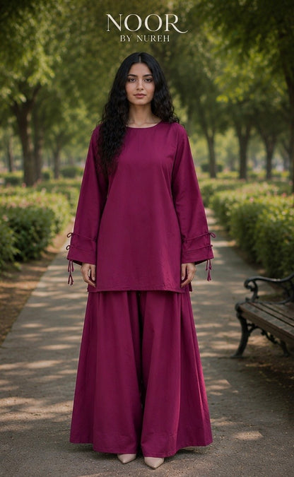 Plum pink 2-piece co-ord set for women with lace-up back and wide-leg palazzo by Noor By Nureh