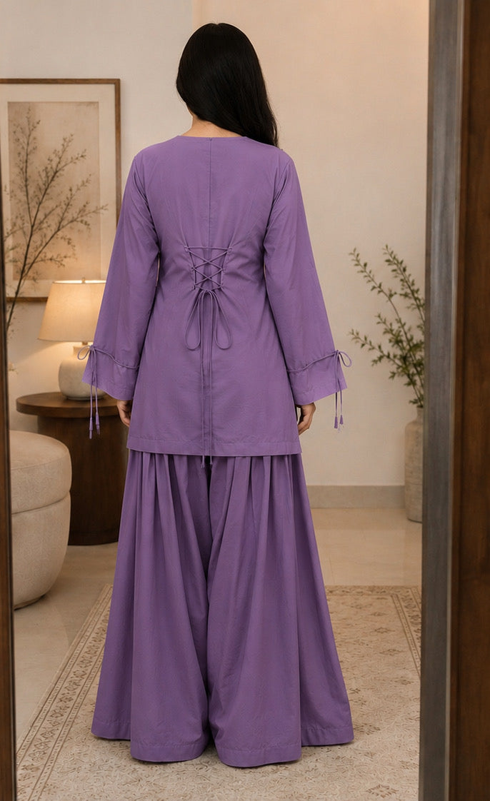 Lavender 2 piece co-ord set with back lace up dori kurti and flared gharara pants