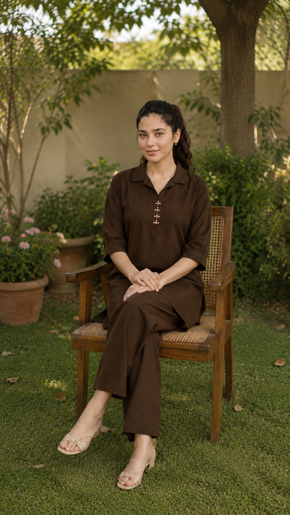 Mocha brown 2-piece co-ord set for women with collared shirt and wide-leg pants by Noor By Nureh