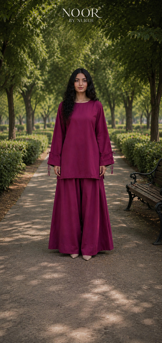 Plum pink 2-piece co-ord set for women with lace-up back and wide-leg palazzo by Noor By Nureh