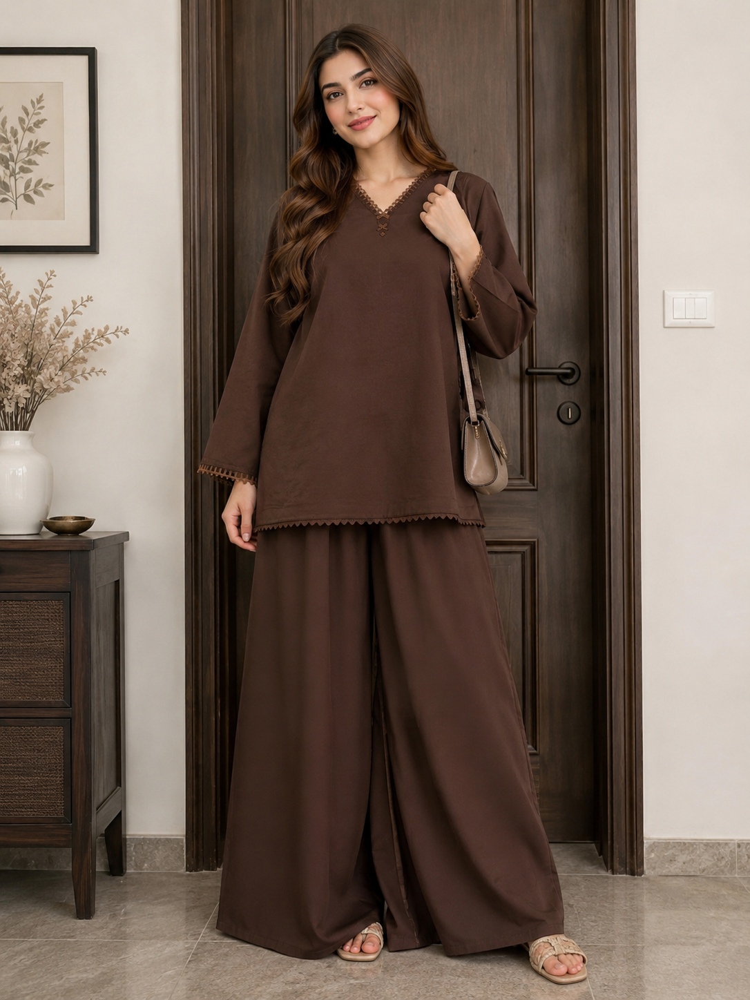 Chocolate brown solid 2 piece co ord set with wide leg trousers