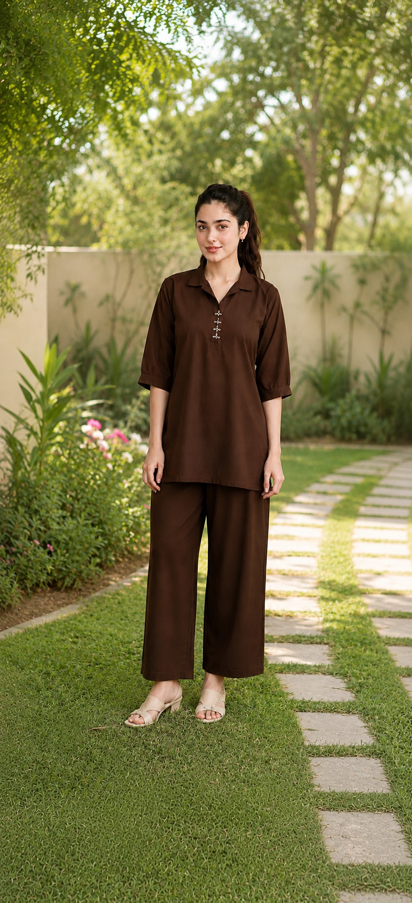 Mocha brown 2-piece co-ord set for women with collared shirt and wide-leg pants by Noor By Nureh