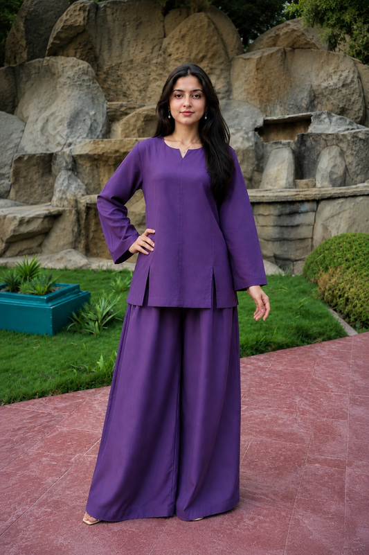 Elegant purple 2-piece co-ord set for women with short shirt and wide-leg trousers by Noor By Nureh