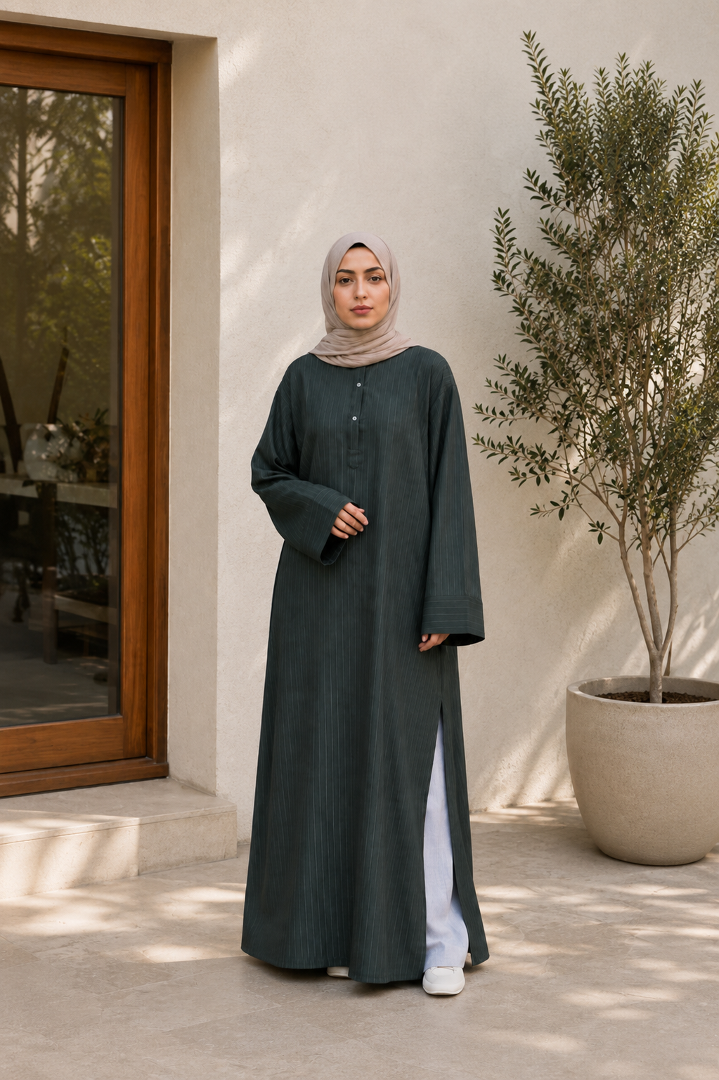 A woman wearing a dark green long-sleeved abaya with a front slit and a light beige hijab, standing outdoors in front of a beige stucco wall next to a potted tree.