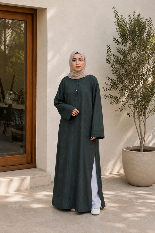 A woman wearing a dark green long-sleeved abaya with a front slit and a light beige hijab, standing outdoors in front of a beige stucco wall next to a potted tree.